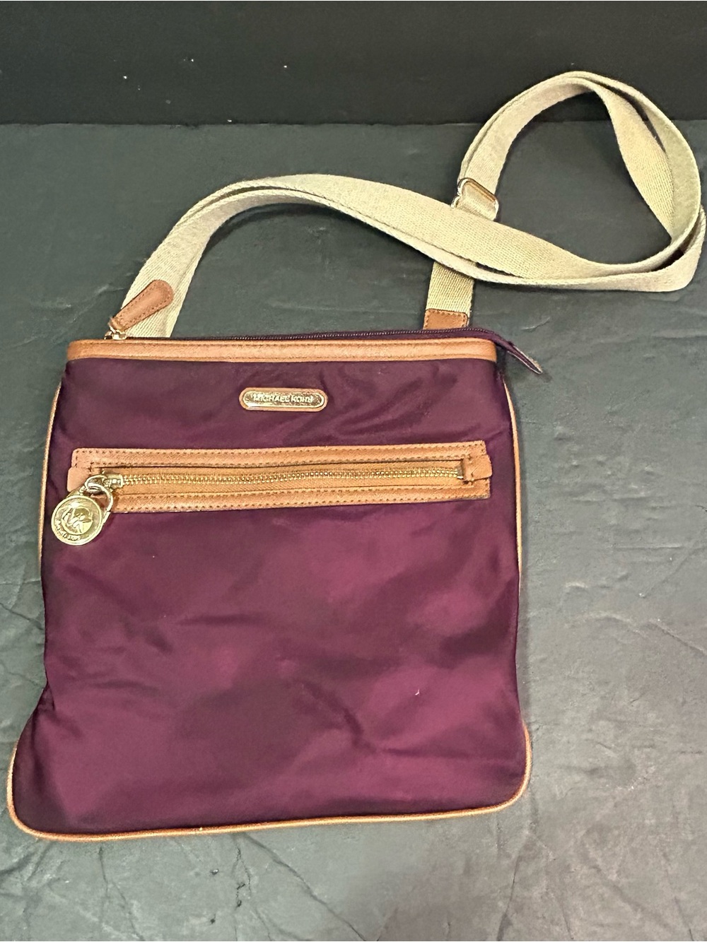 Michael Kors Kempton Claret Burgundy Nylon Crossbody Bag, Leather Trim, Canvas